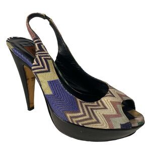 Missoni Slingback Platform Sandal Pump Peep Toe Chevron Slim Heel Fabric…